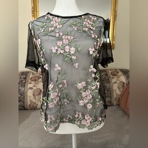 Floral Embroidered Sheer Black Top
